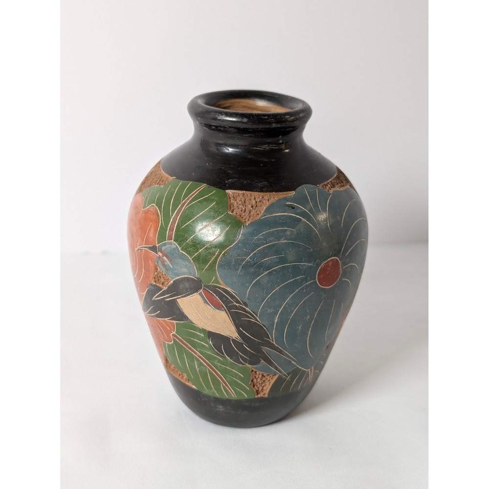 Vintage Folk Art Pottery Vase Bird Butterfly Flowers Black Clay Sgraffito